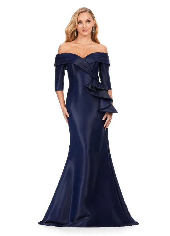 Ashley Lauren 11324 Phantom Satin Off The Shoulder Ruffle Detailing Mermaid Fitted Silhouette Evening Dress Long Prom Pageant Tunics Mesh breathable Ashley Lauren 11324 Phantom Satin Off The Shoulder Ruffle Detailing Mermaid Fitted Silhouette Evening Dress Long Prom Pageant Tunics Mesh breathable