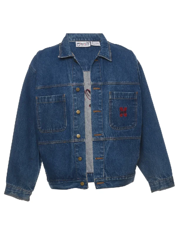 Embroidered Huskers Dark Wash Denim Jacket - L Welt Pockets Slit Pockets Flap Pockets Embroidered Huskers Dark Wash Denim Jacket - L Welt Pockets Slit Pockets Flap Pockets